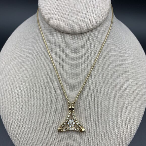 Park Lane Pendant Necklace Flower Floral Triangle Gold Tone Clear Rhinestone - Picture 9 of 9